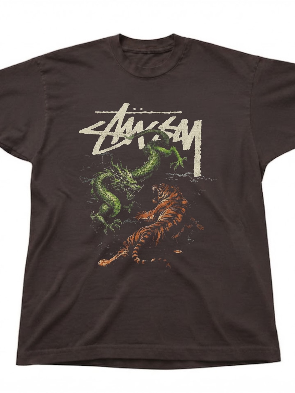 Stussy Dragon Tiger Graphic Brown Cotton Gildan T-shirt